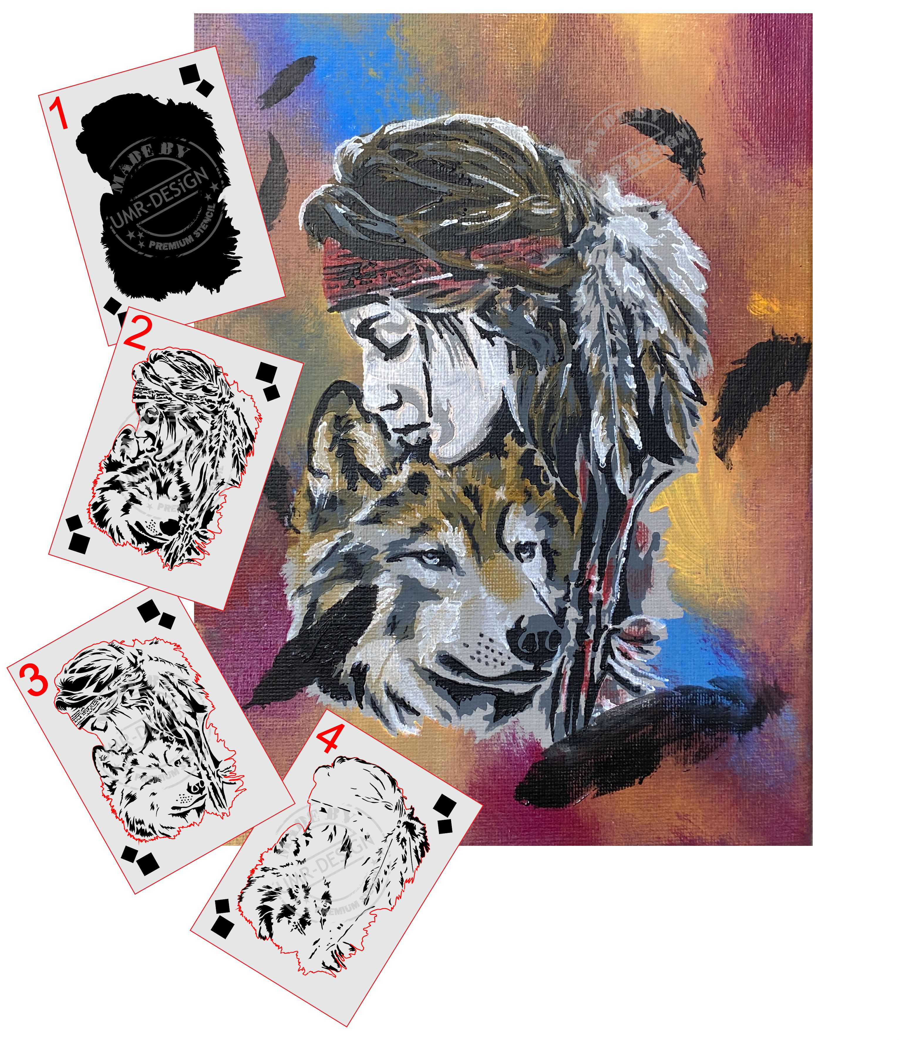 AS-409 Native American woman with wolf Step by Step Stencil for Acrylic, Airbrush, Spray, Varnish, and Wall Paint