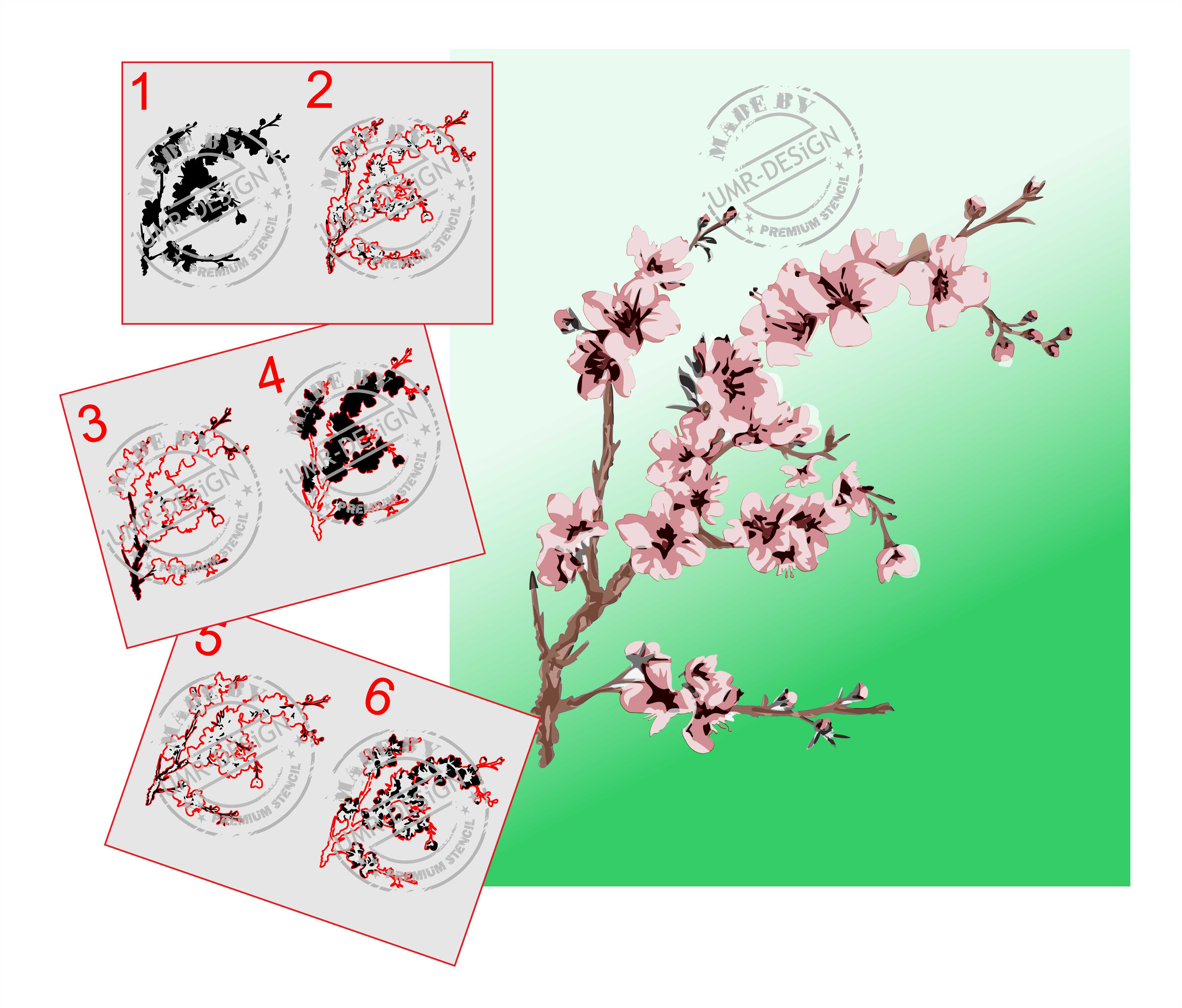 AS-384 Cherry Blossom Branch Step by Step Stencil for Acrylic, Airbrush, Spray, Varnish, and Wall Paint 