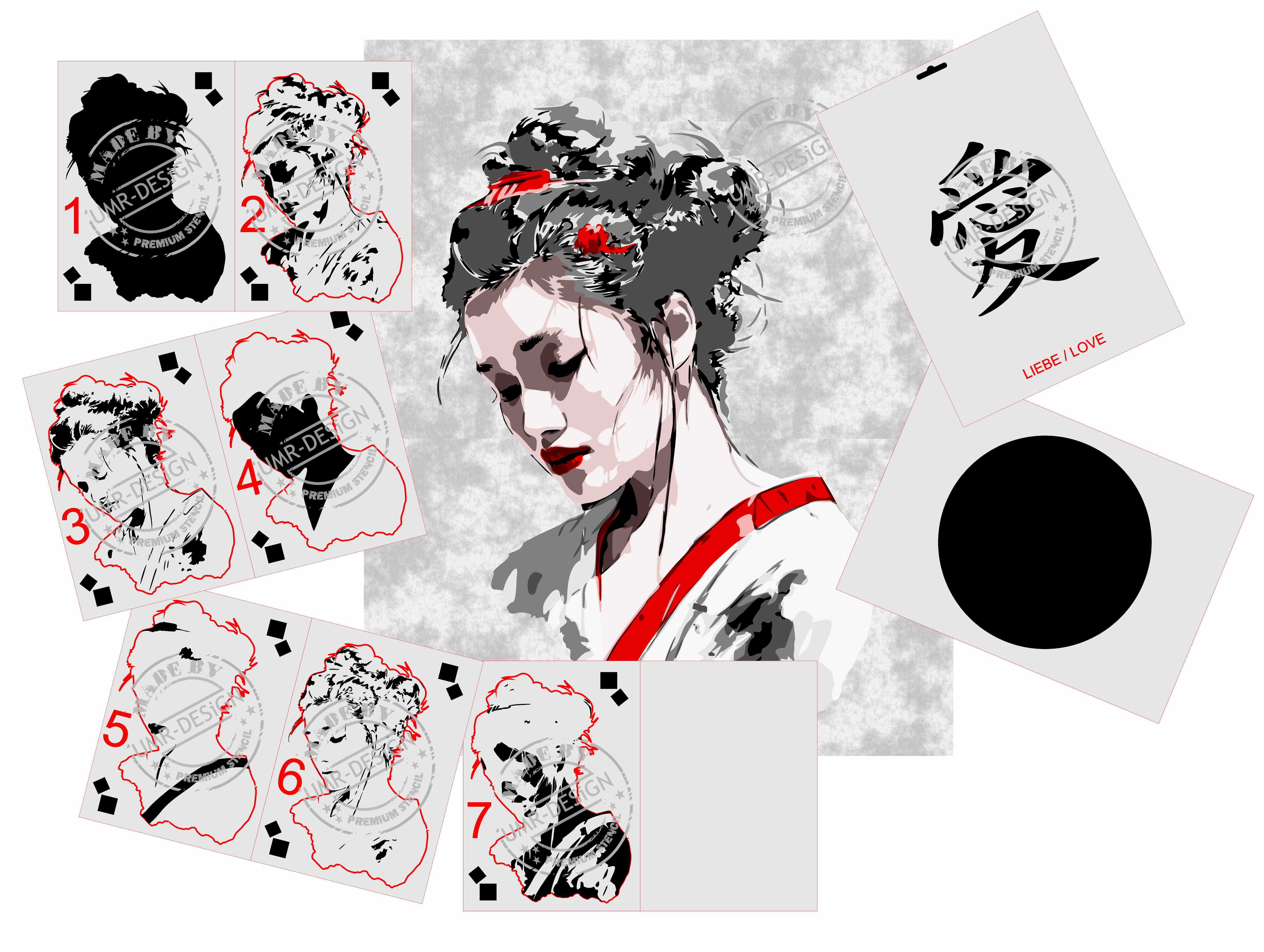 AS-408 Set Liebe Step by Step Schablone für Acryl, Airbrush, Spray, Lacke, Textilfarbe und Wandfarbe Größe M *SET des Monat 01/26