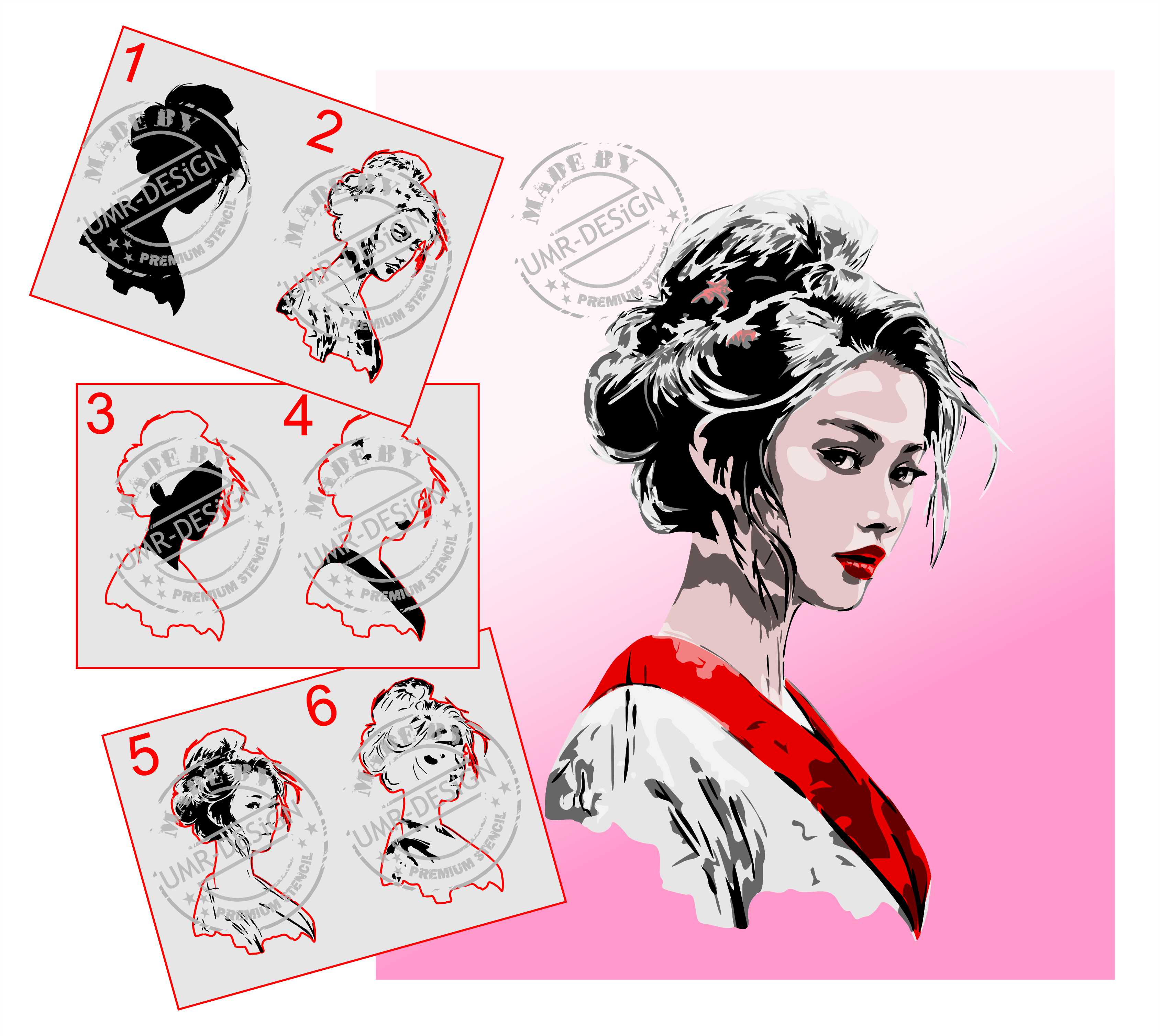 AS-383 Geisha Step by Step Stencil for Acrylic, Airbrush, Spray, Paints, Textile Paint, and Wall Paint  