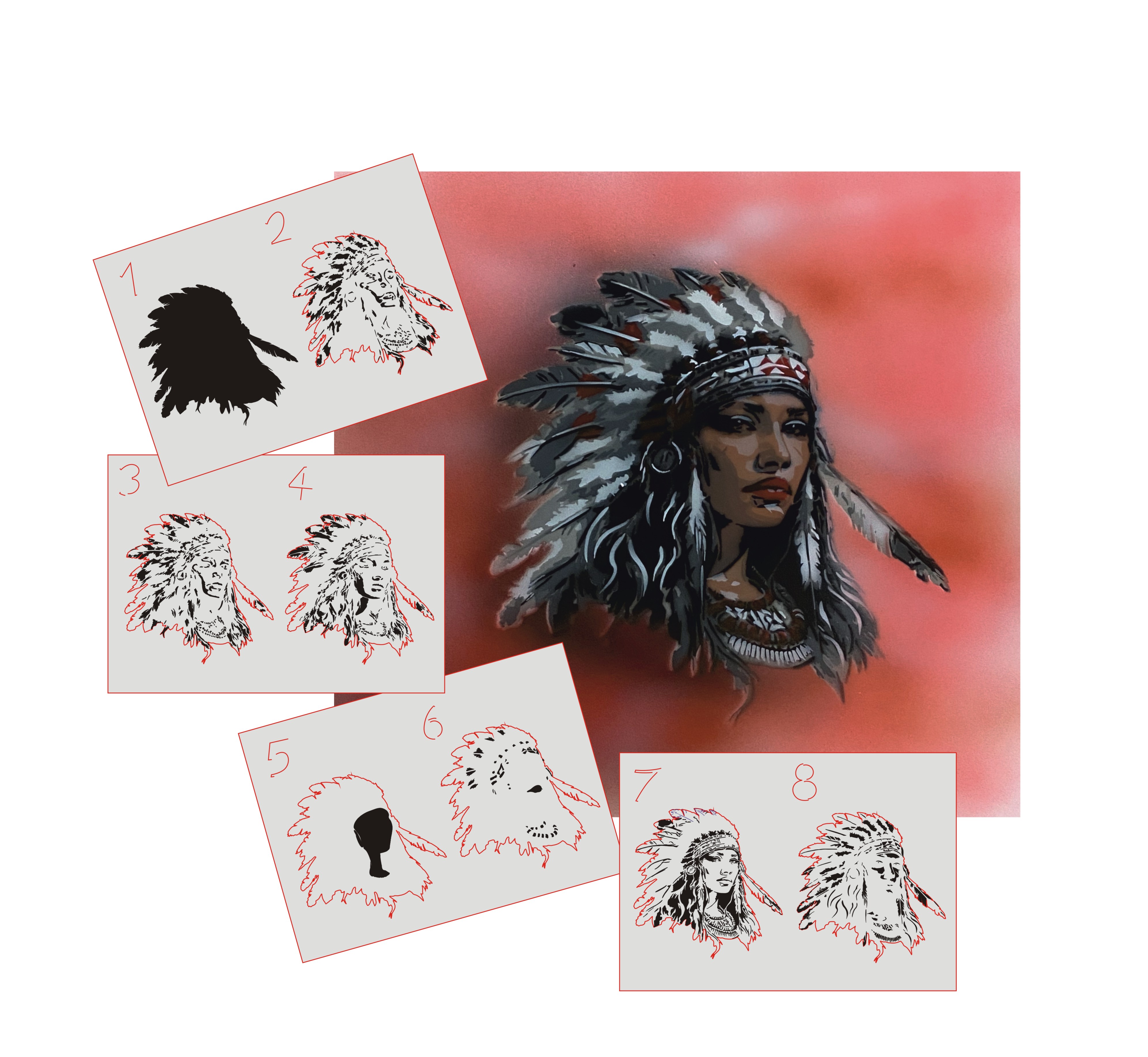 AS-389 native american step by step stencil for acrylic, airbrush, spray, varnish and wall paint