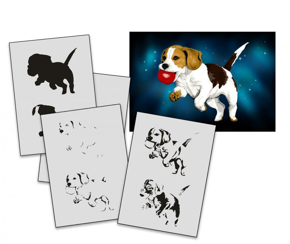 AS-334 Hund Ball Step by Step Airbrushschablone Größe M