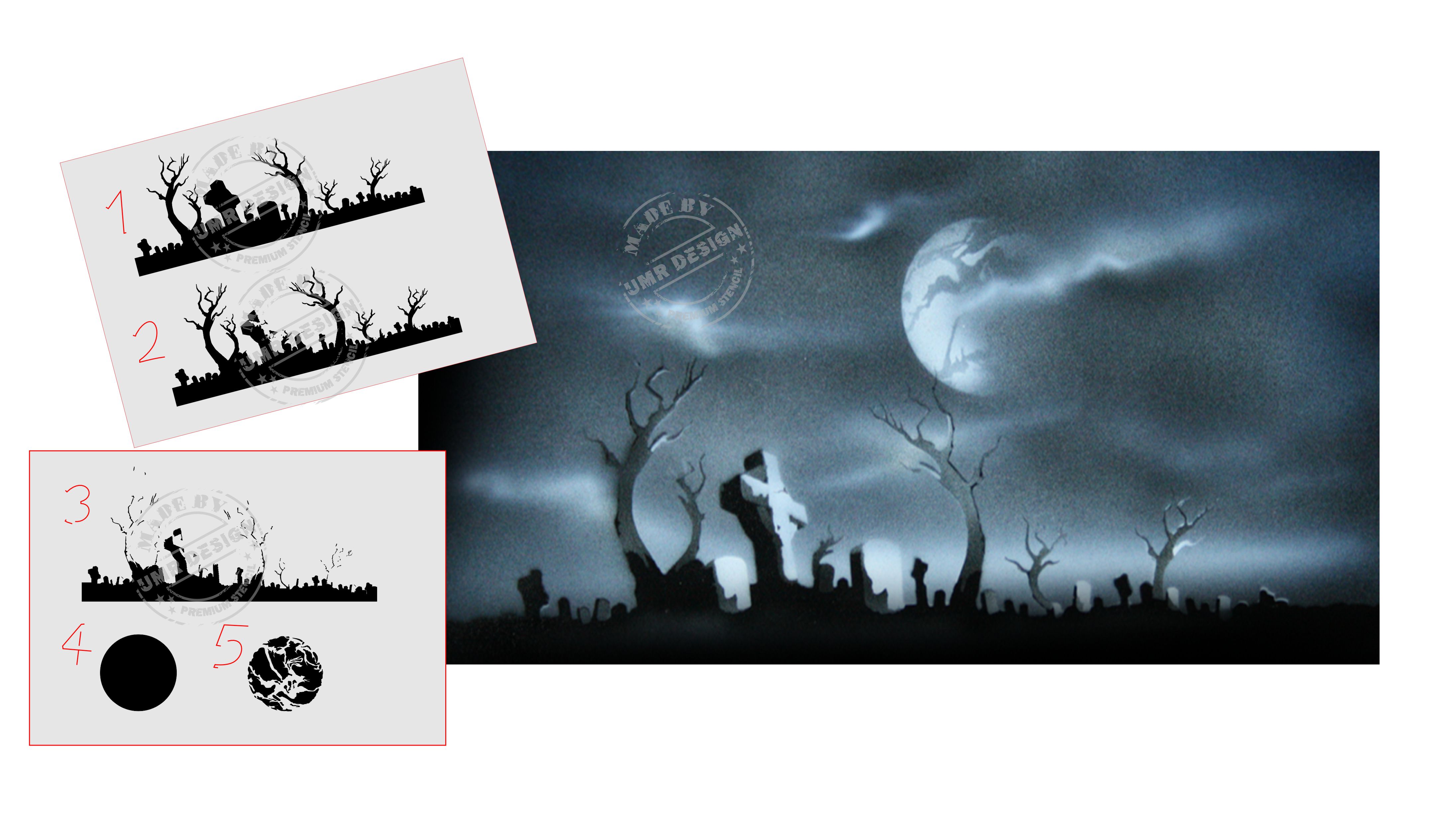 AS-009 Friedhof Step by Step Airbrushschablone Größe M