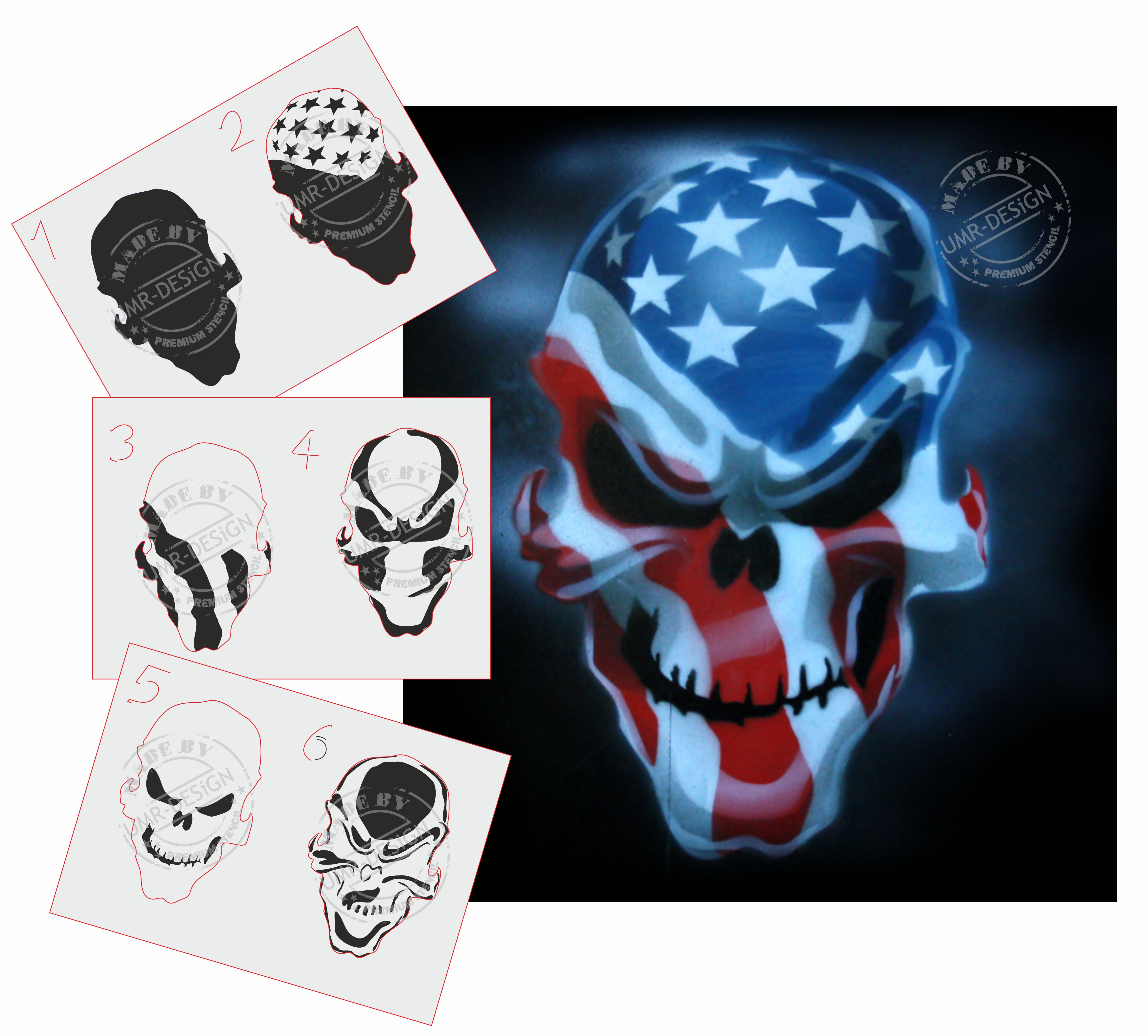 AS-062 USA Skull Multilayer Step by Step Stencil for acrylic, airbrush, spray, tattoo, varnish and wall paint
