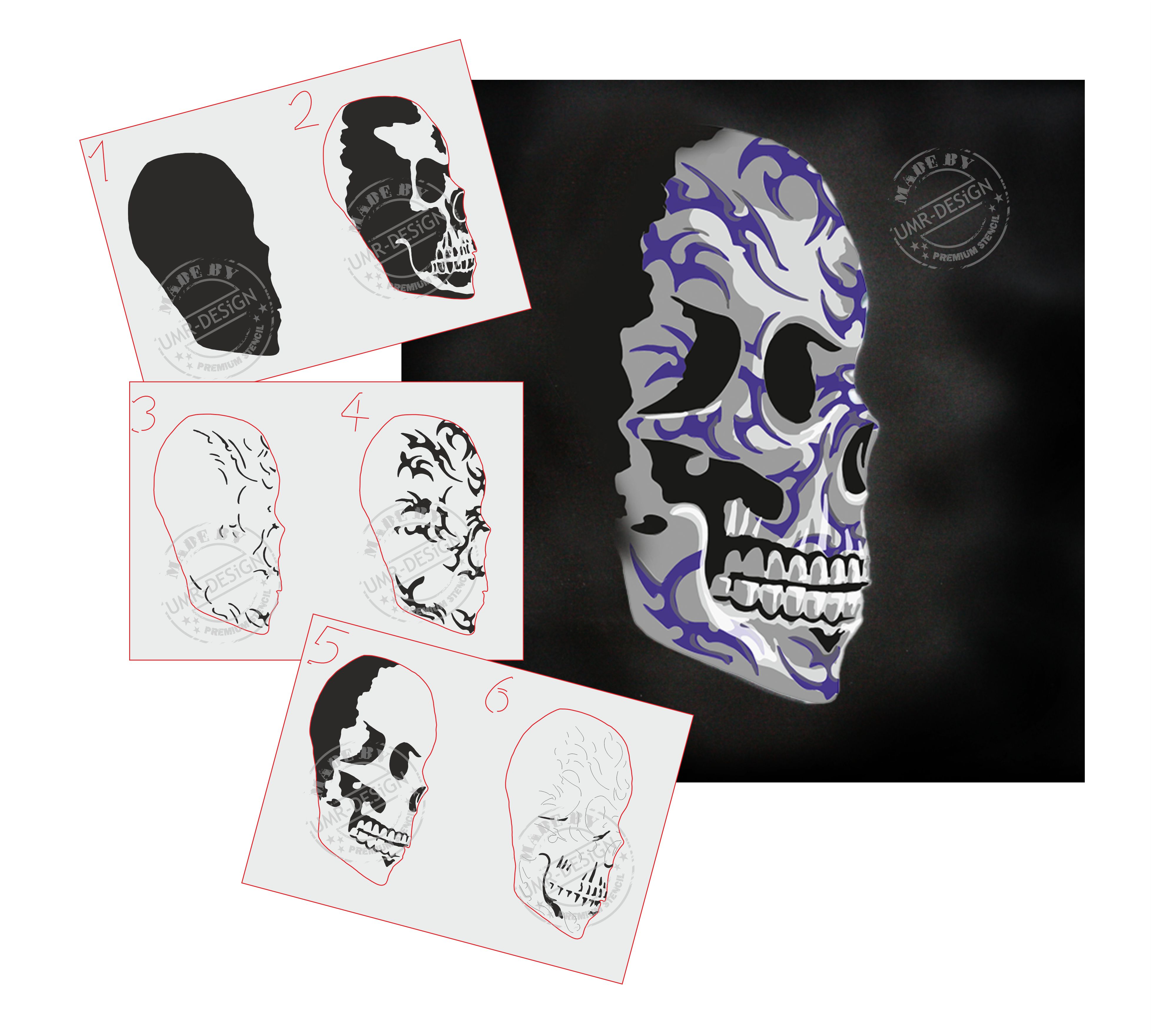 AS-103 Tribal Schädel Step by Step Airbrushschablone Größe XL