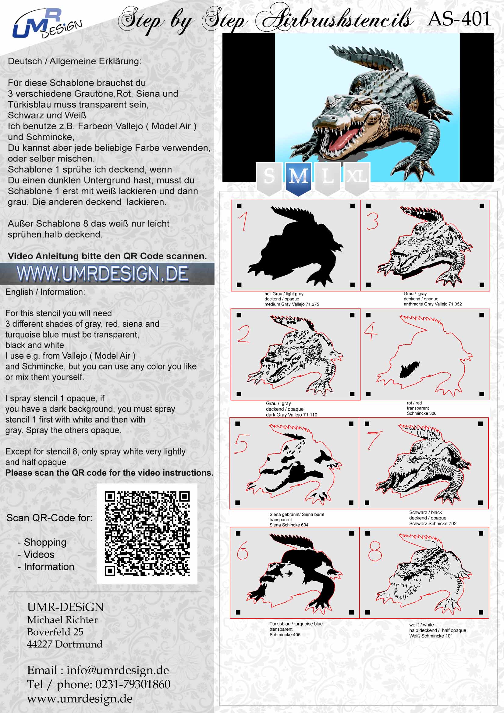 AS-401 Alligator crocodile step by step stencil for acrylic, airbrush, spray, varnish and wall paint 