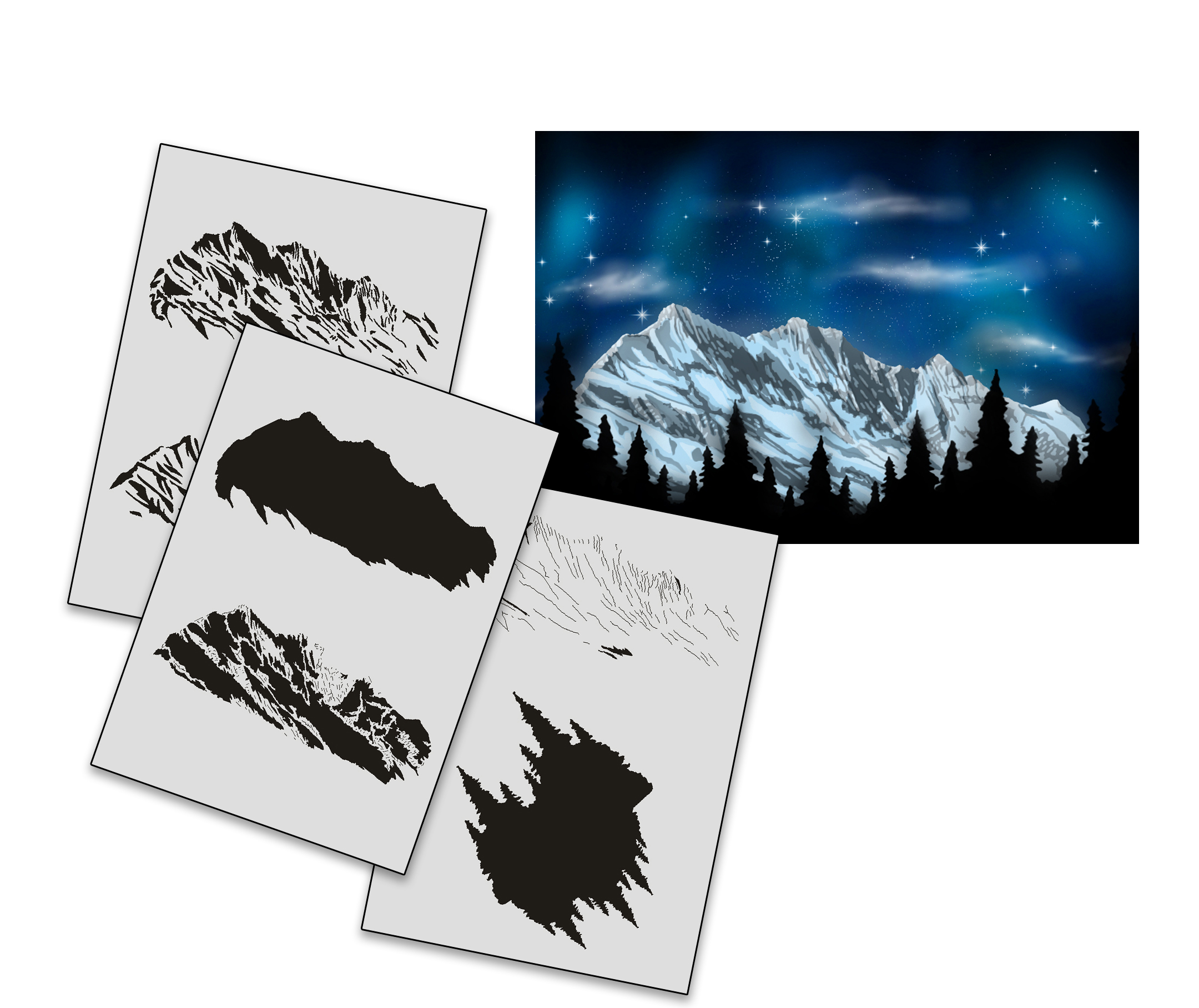 AS-351 Wolf / Berge  Step by Step Airbrushschablonen Set L