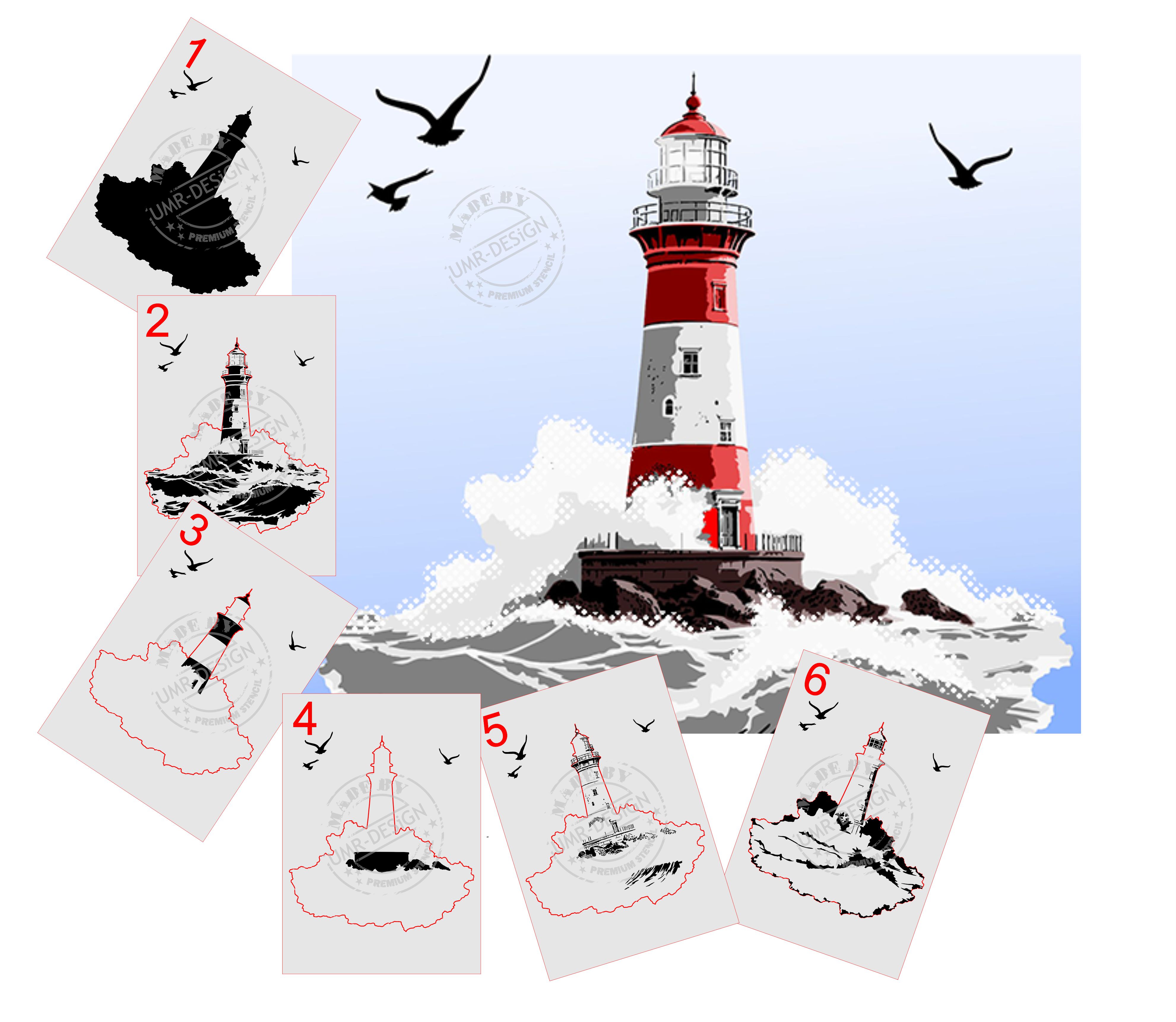 AS-398 Lighthouse step by step stencil for acrylic, airbrush, spray, varnish and wall paint 