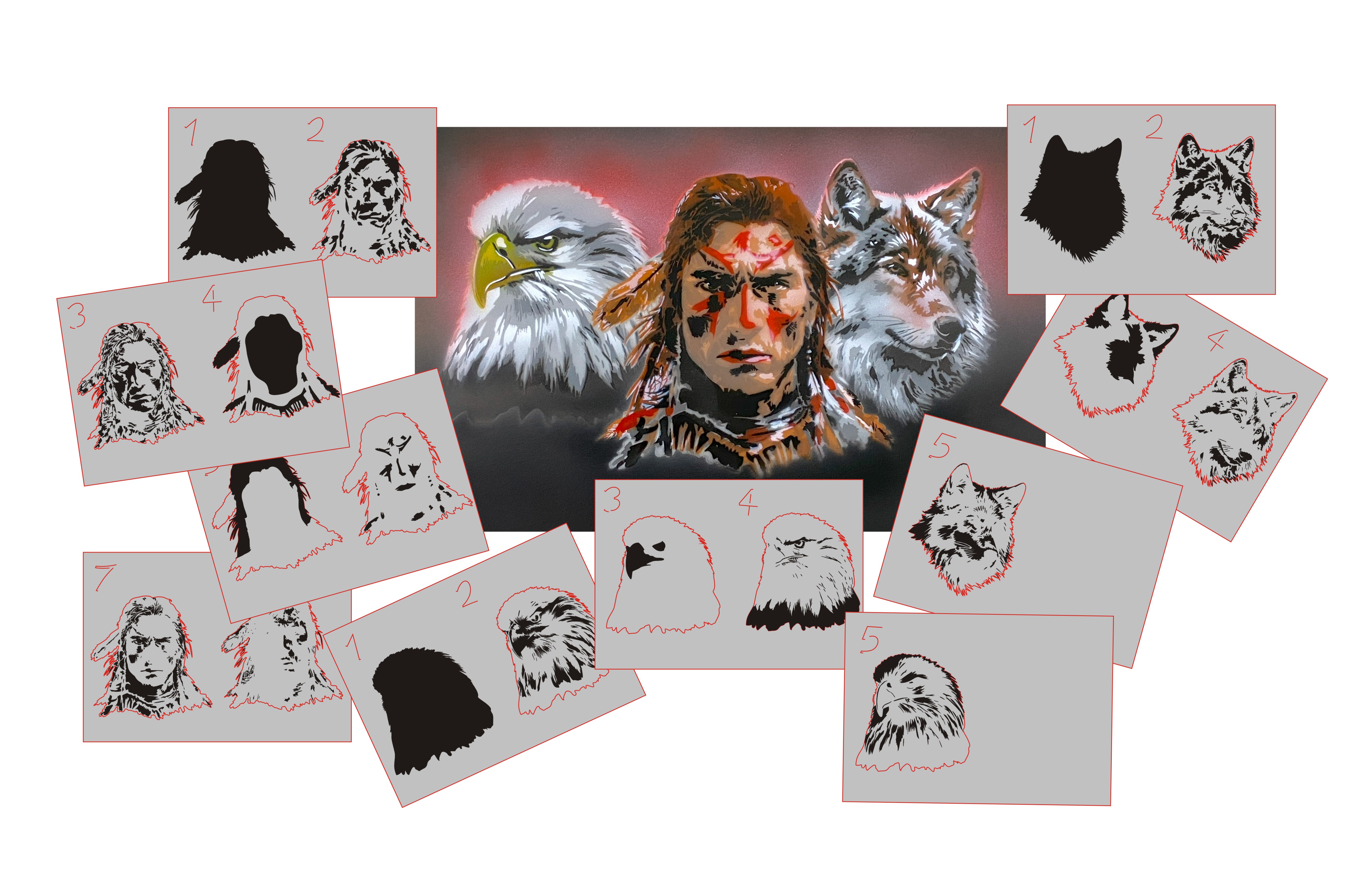 AS-388 Native American set step by step stencil for acrylic, airbrush, spray, varnish and wall paint 