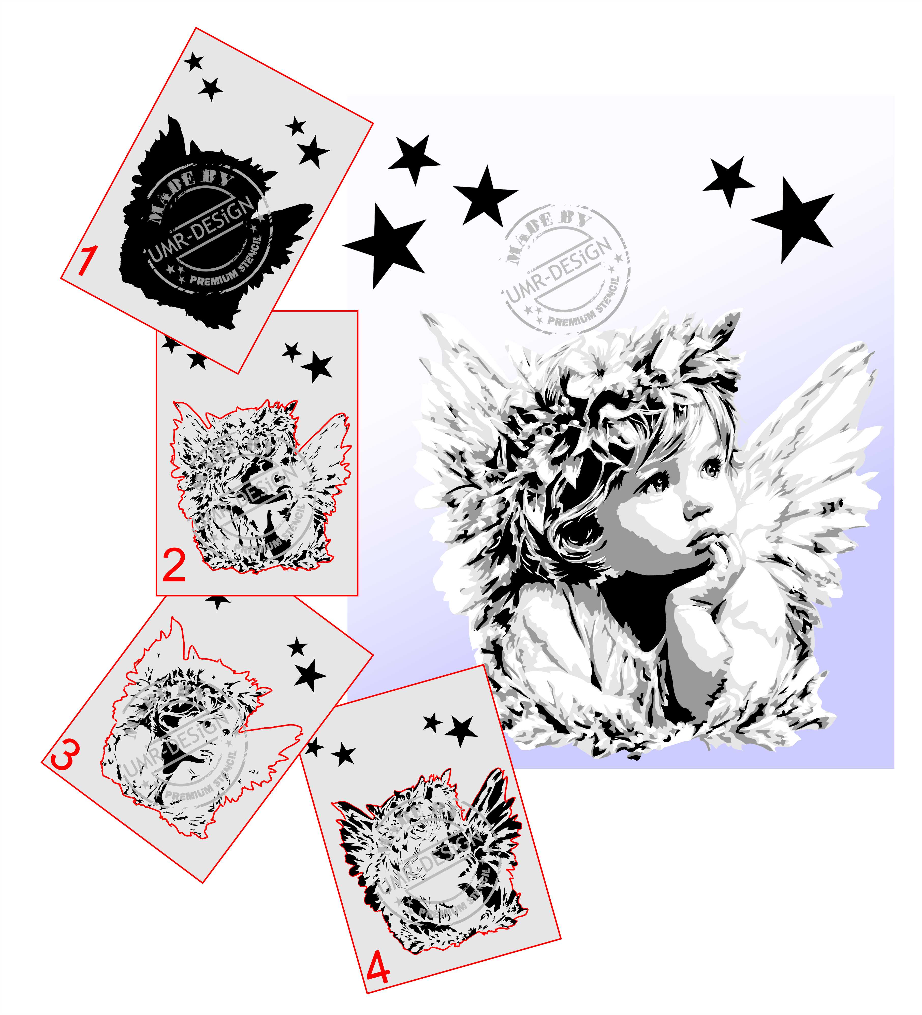 AS-407 Baby Angel step by step stencil for acrylic, airbrush, spray, varnish and wall paint 