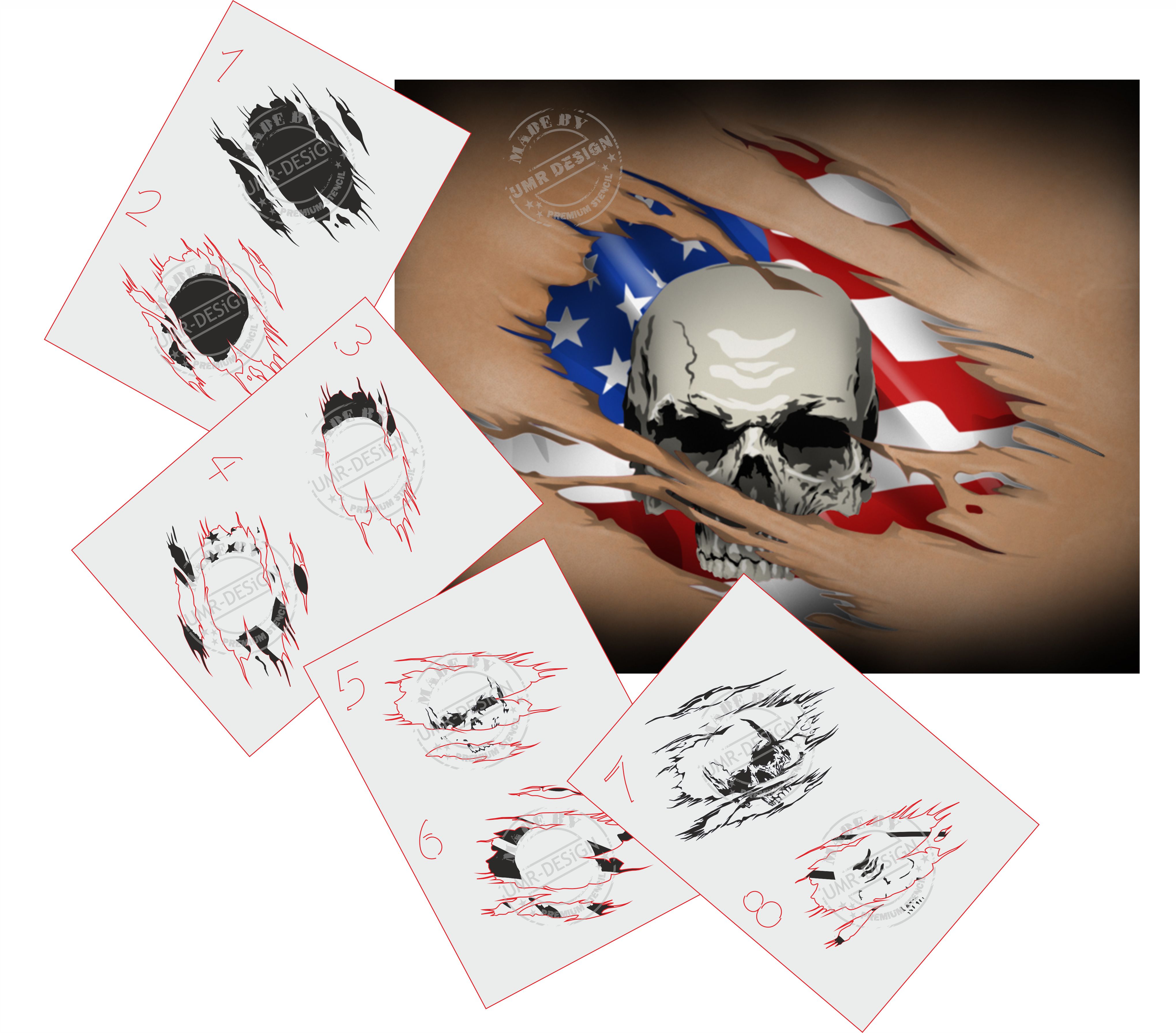 AS-233 USA Schädel riss Step by Step Airbrushschablone Größe M