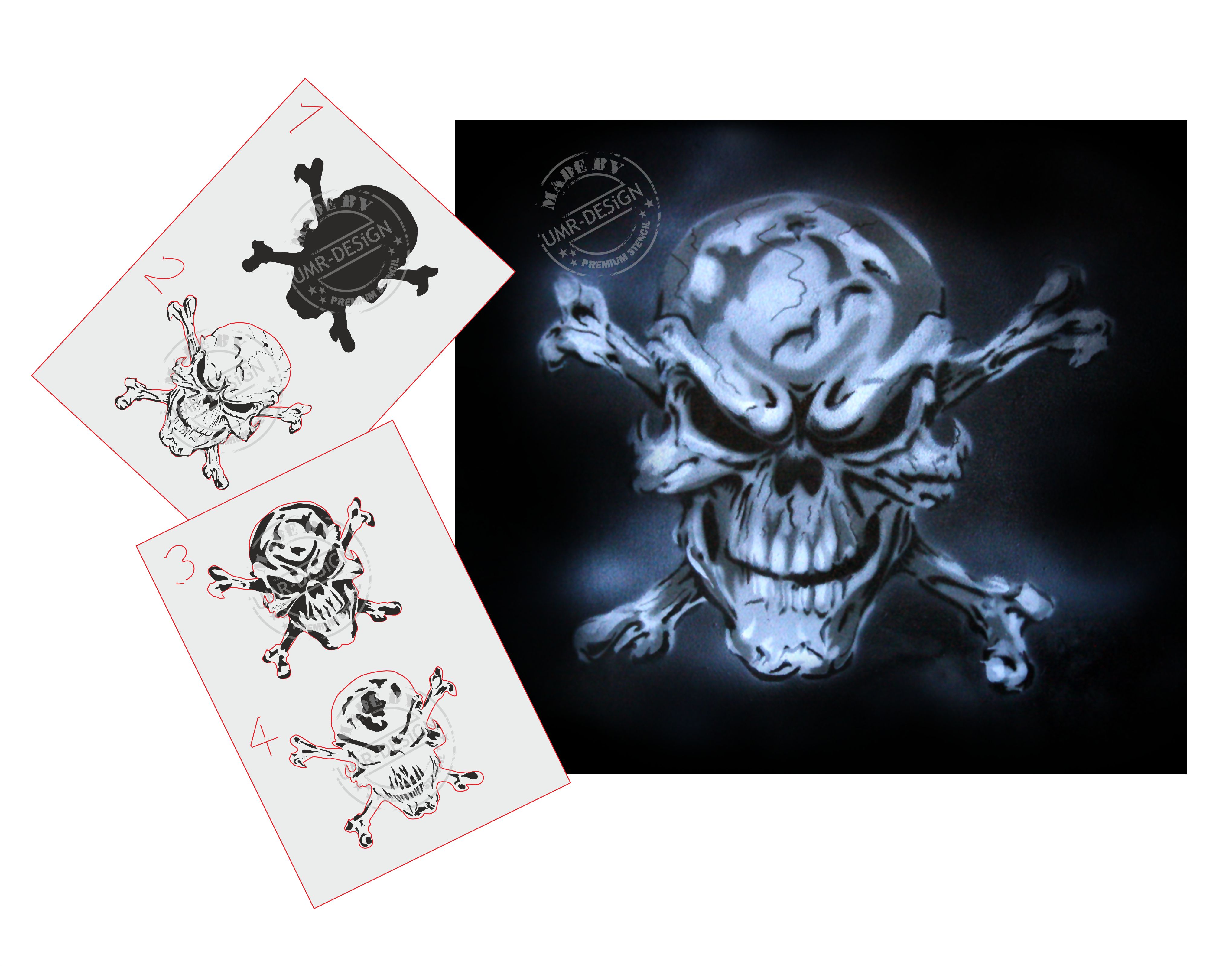 AS-063 Bones Skull Multilayer Step by Step Stencil for acrylic, airbrush, spray, tattoo, varnish and wall paint