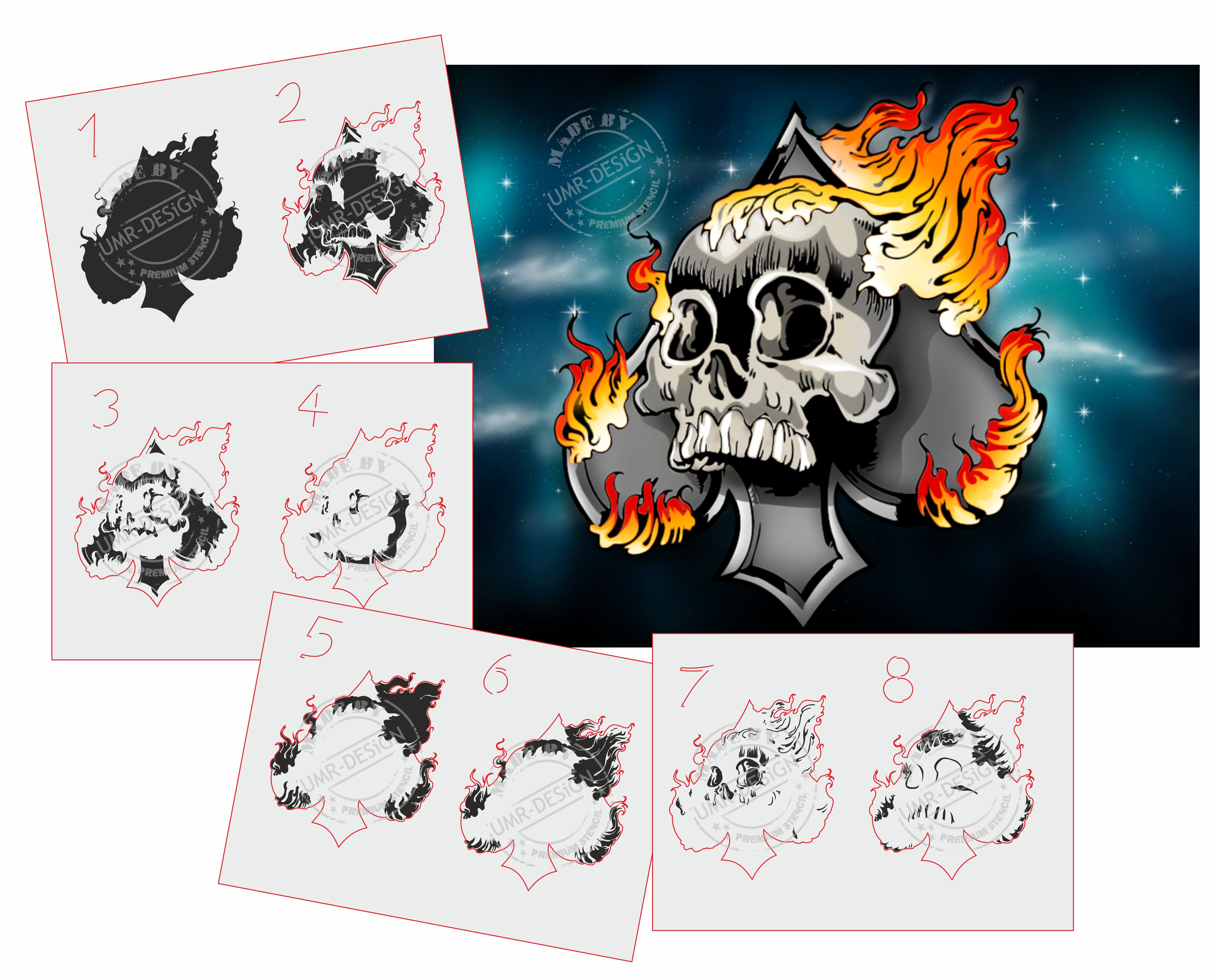 AS-204 Flammenschädel Pik Step by Step Airbrushschablone Größe M