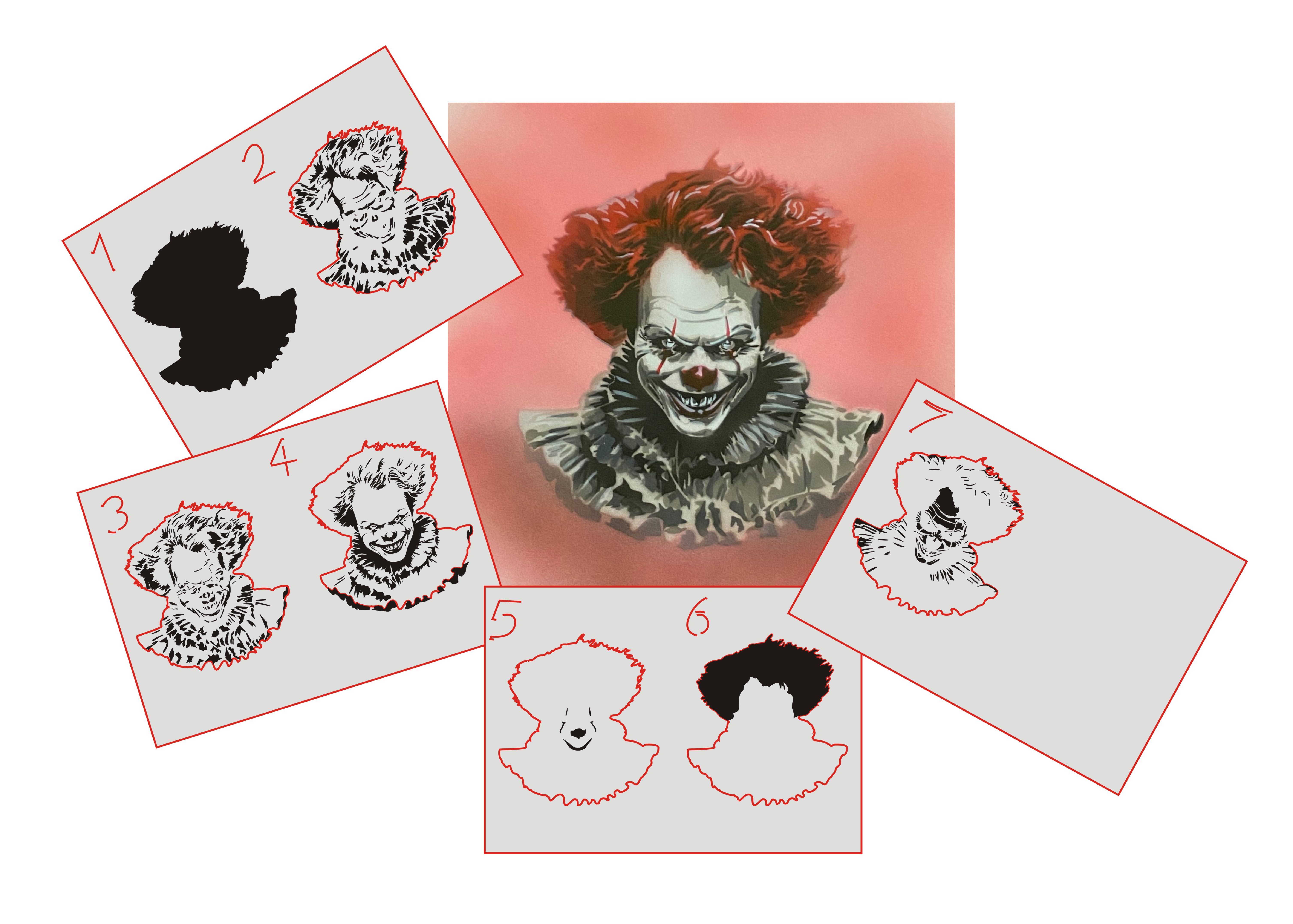 AS-374 Evil Clown Step by Step Schablone für Acryl, Airbrush, Spray, Lacke und Wandfarbe Größe S