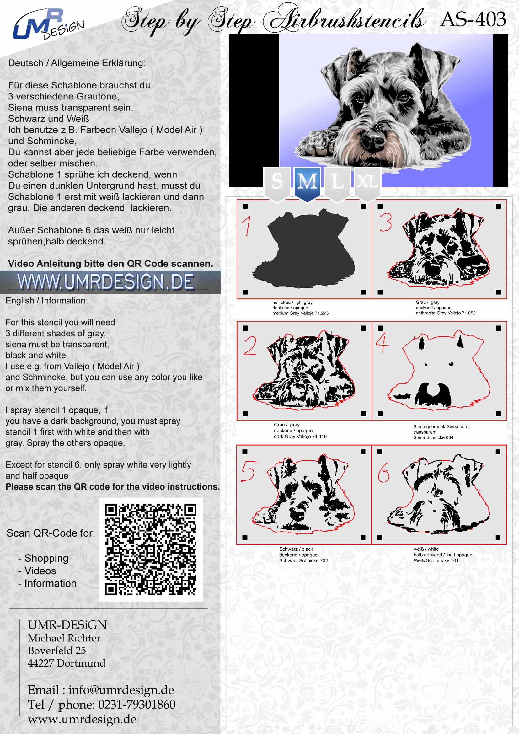 AS-403 Schnauzer step by step stencil for acrylic, airbrush, spray, varnish and wall paint 
