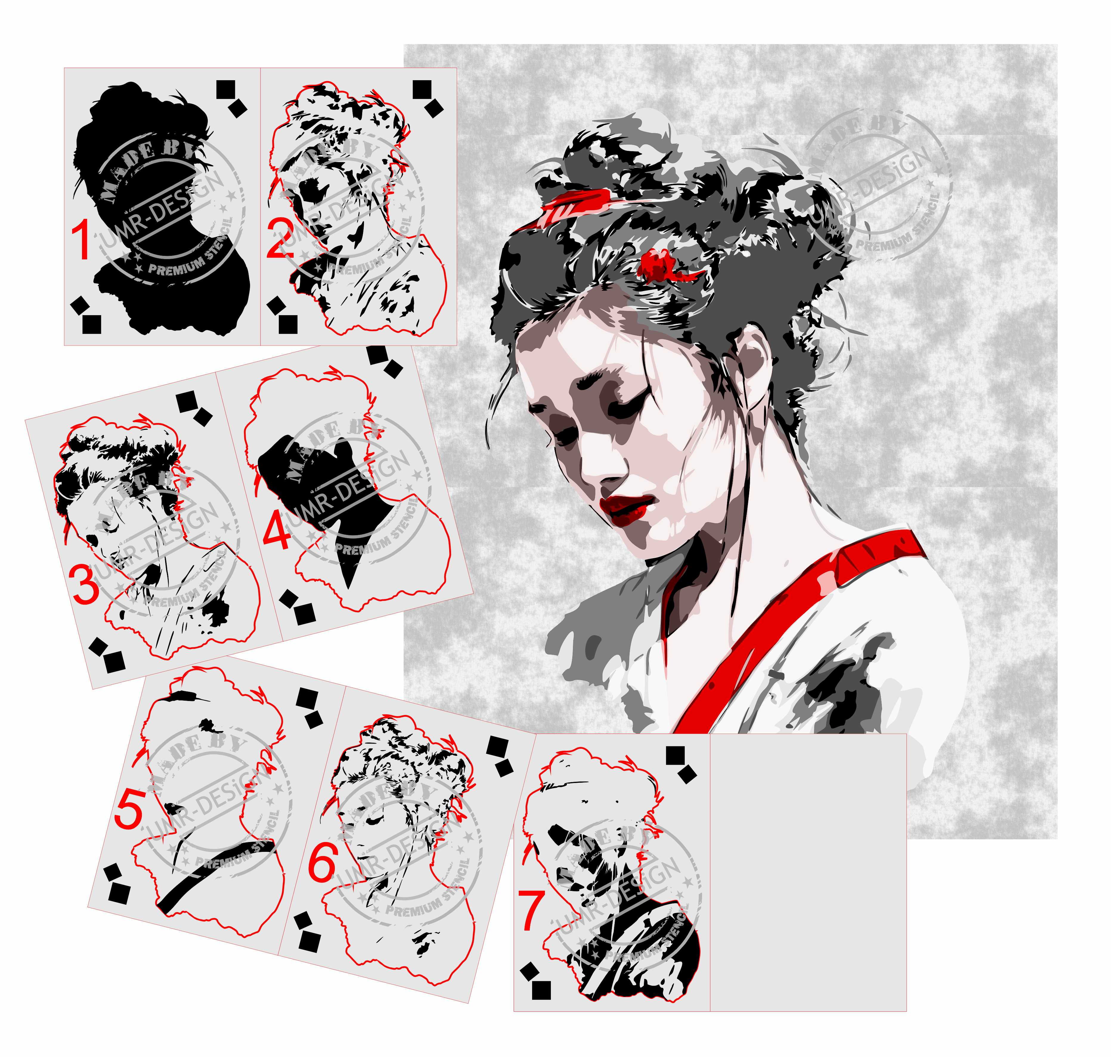 AS-381 Geisha  step by step stencil for acrylic, airbrush, spray, varnish and wall paint
