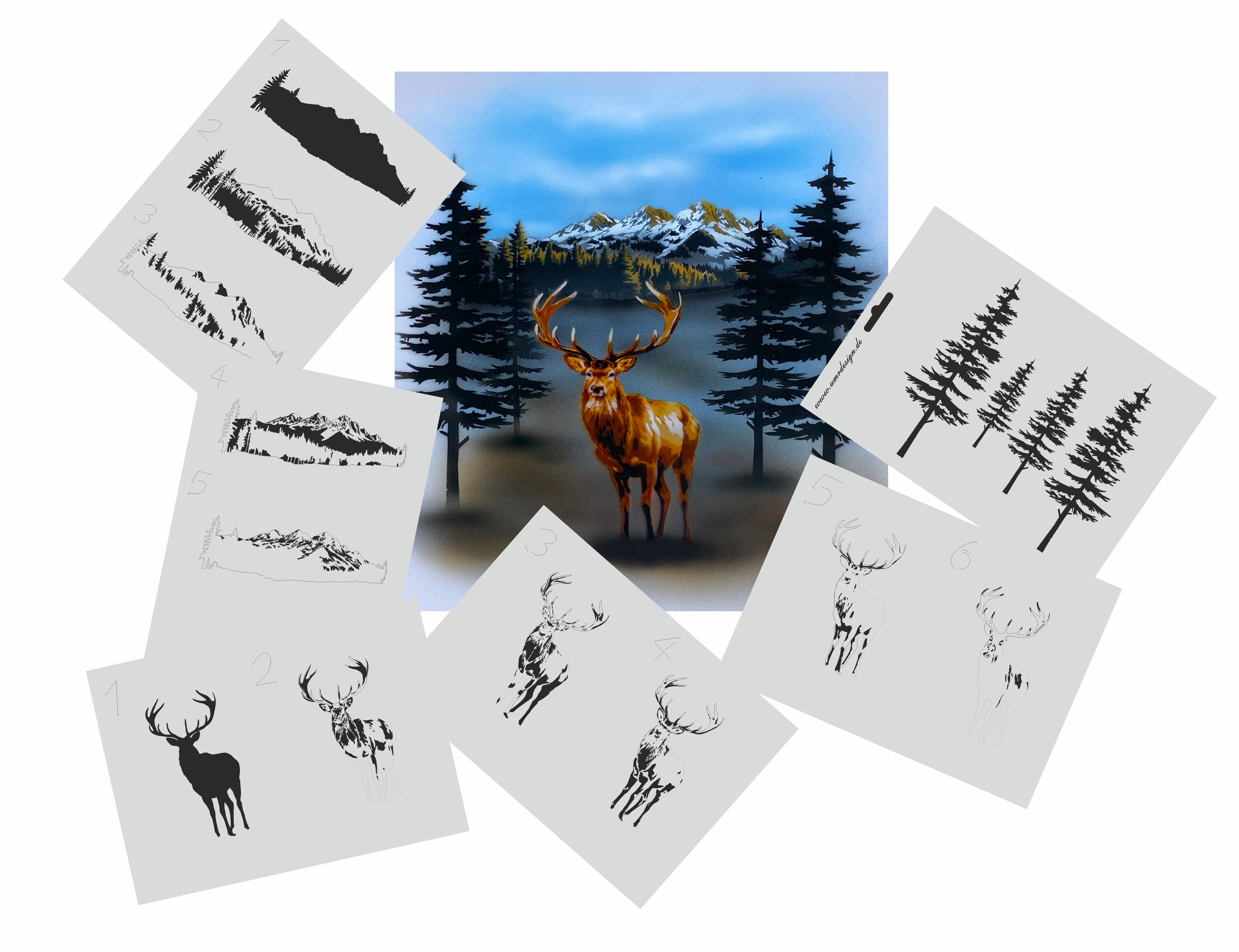 AS-361 Deer Step by Step Stencil Set for Acryl, Airbrush, Spray, Varnish and Wallpaint